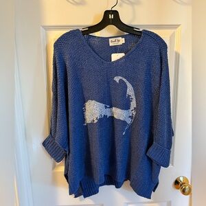 NWT "Beach Life" Cape Cod Map Blue Slouchy Knit Sweater, One Size S-L
